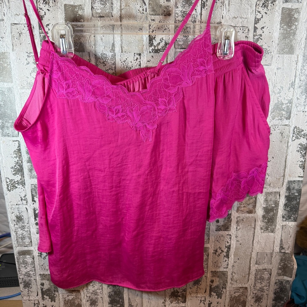 Soma Hot Pink Satin Lace Trim Pajama‎ Set Camisole and Shorts Size L